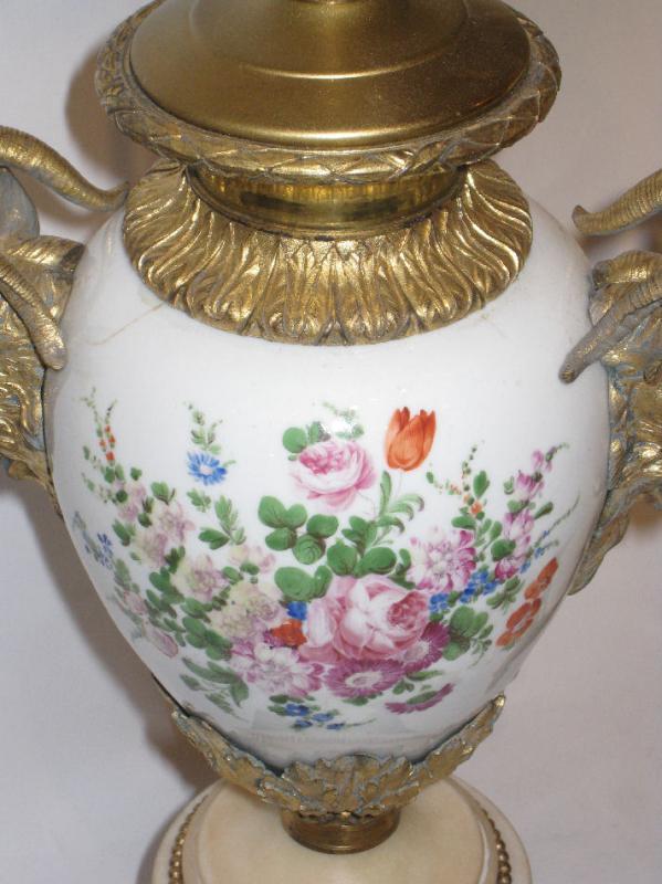 Pair Antique Floral Porcelain & Marble Table Lamps