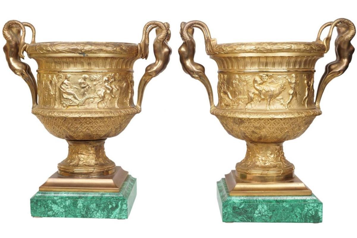 Pair Antique Neoclassical Gilt Bronze Malachite Stone Mounted Vases from Barbedienne