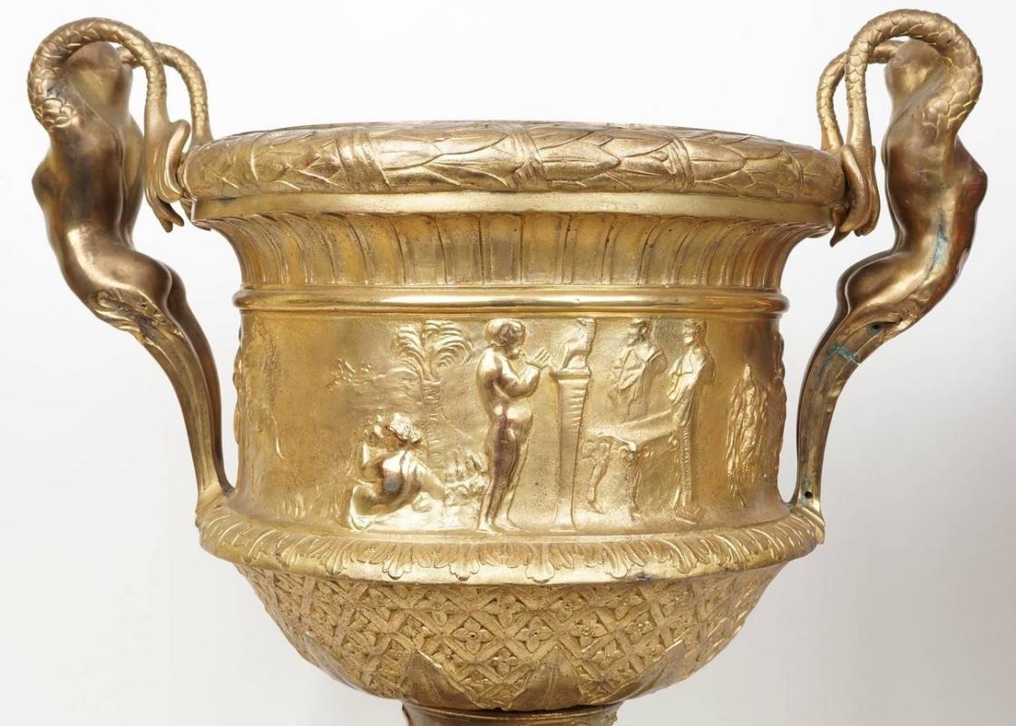 Pair Antique Neoclassical Gilt Bronze Malachite Stone Mounted Vases from Barbedienne