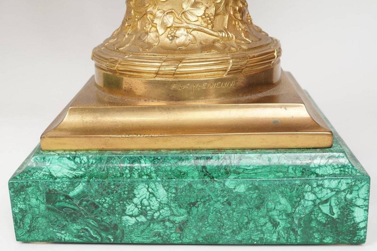 Pair Antique Neoclassical Gilt Bronze Malachite Stone Mounted Vases from Barbedienne