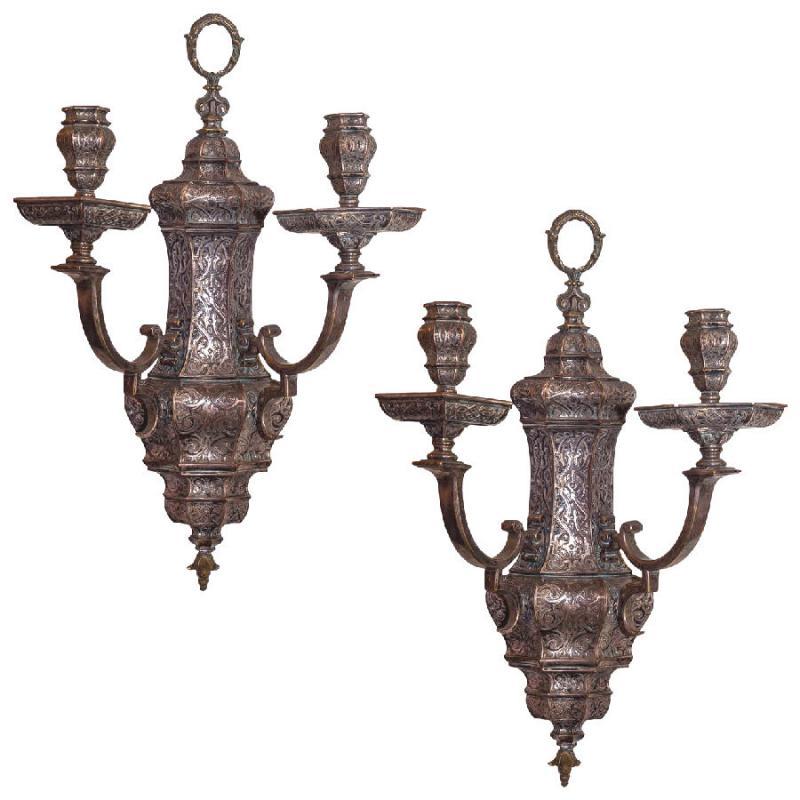 Pair Antique Silvered Bronze Renaissance Revival Sconces Possibly by Caldwell