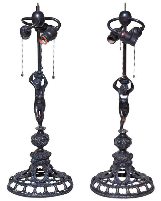 Pair Antique Renaissance Revival Bronze Table Lamps