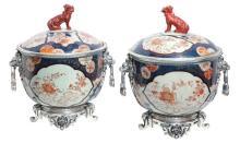 Pair Antique Chinese Imari Porcelain & Bronze Mounted Urns