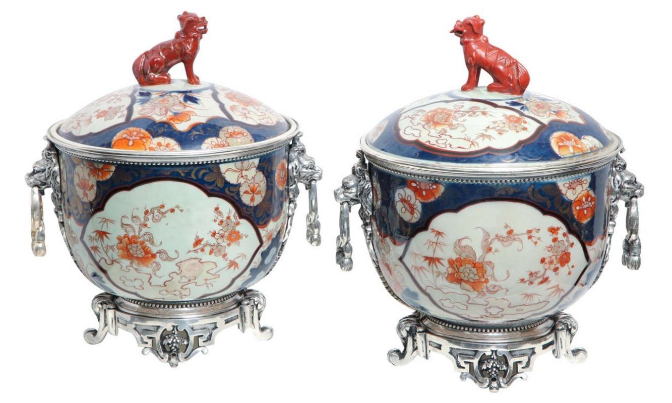 Pair Antique Chinese Imari Porcelain & Bronze Mounted Urns