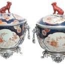 Pair Antique Chinese Imari Porcelain & Bronze Mounted Urns