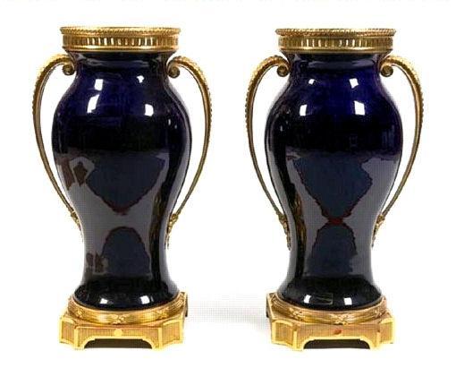 Pair of Sevres Palace Size Neoclassical Cobalt Blue Vases with Gilt Bronze Mounts