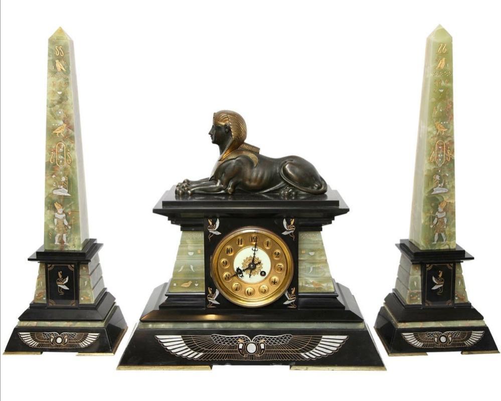 Antique French Empire Egyptian Revival Style Mantel Clock Garniture