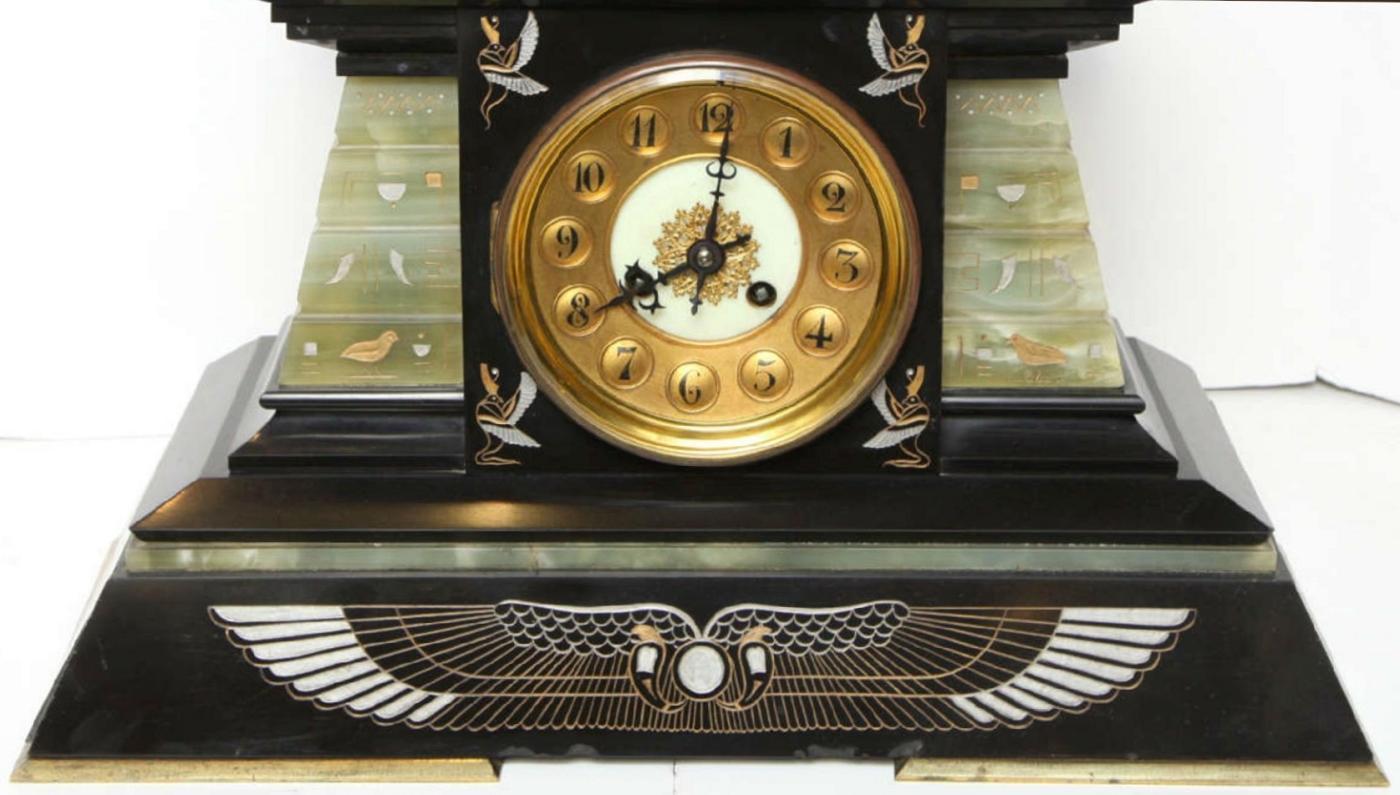 Antique French Empire Egyptian Revival Style Mantel Clock Garniture