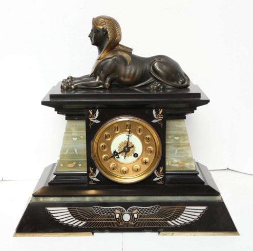 Antique French Empire Egyptian Revival Style Mantel Clock Garniture
