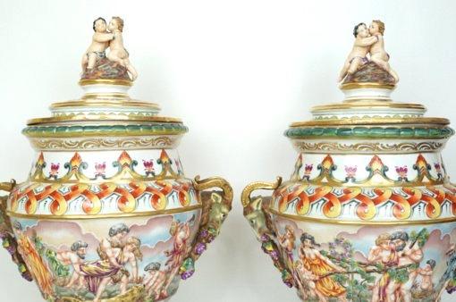 Pair Large Antique Italian Capodimonte Urns / Vases with Lids