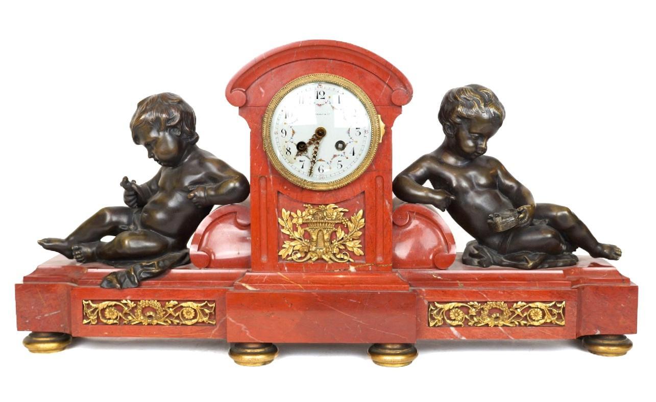 Antique Tiffany and Co. Rouge Marble Mantel Clock