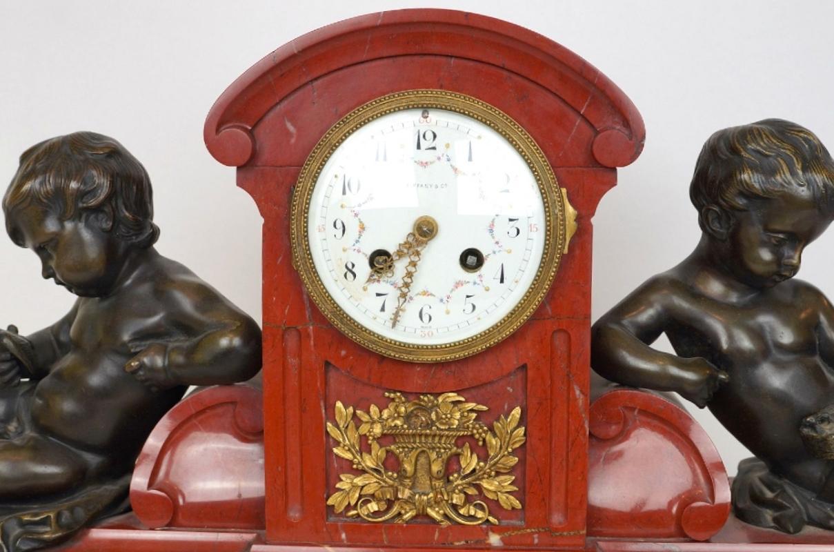 Antique Tiffany and Co. Rouge Marble Mantel Clock