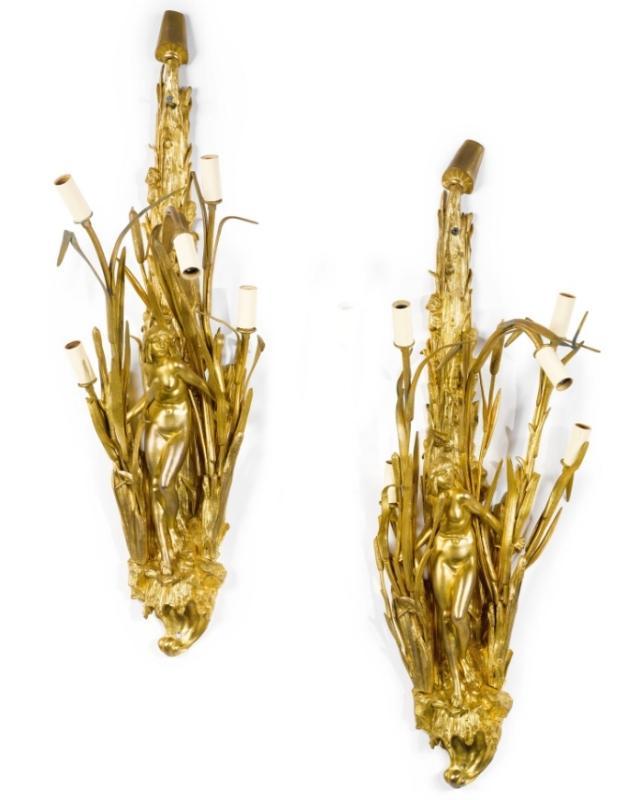 Pair Belle Epoque Art Nouveau Period Gilt Bronze Figural Sconces