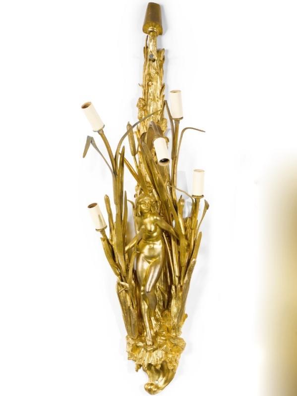 Pair Belle Epoque Art Nouveau Period Gilt Bronze Figural Sconces