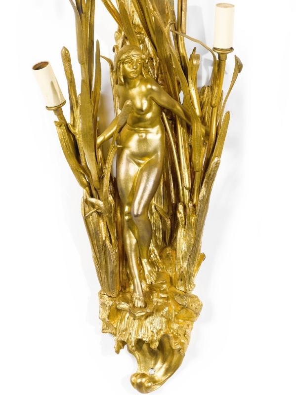 Pair Belle Epoque Art Nouveau Period Gilt Bronze Figural Sconces