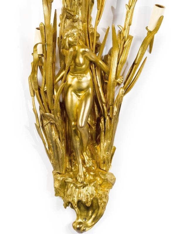 Pair Belle Epoque Art Nouveau Period Gilt Bronze Figural Sconces