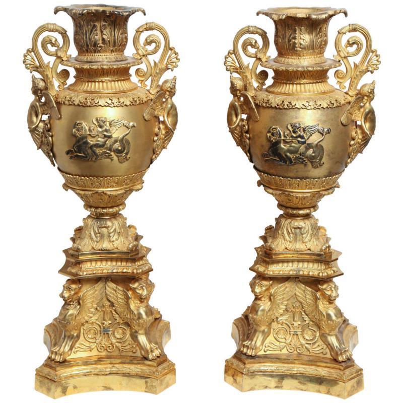 Pair French Restauration ( Empire ) Style Gilt Bronze Centerpiece Vases