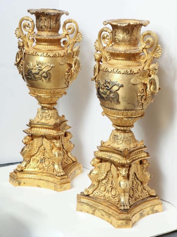 Pair French Restauration ( Empire ) Style Gilt Bronze Centerpiece Vases
