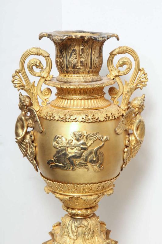 Pair French Restauration ( Empire ) Style Gilt Bronze Centerpiece Vases