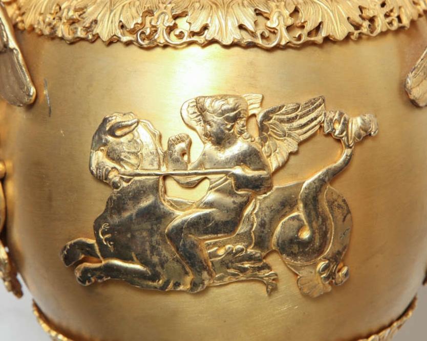 Pair French Restauration ( Empire ) Style Gilt Bronze Centerpiece Vases