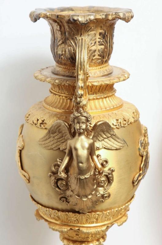 Pair French Restauration ( Empire ) Style Gilt Bronze Centerpiece Vases