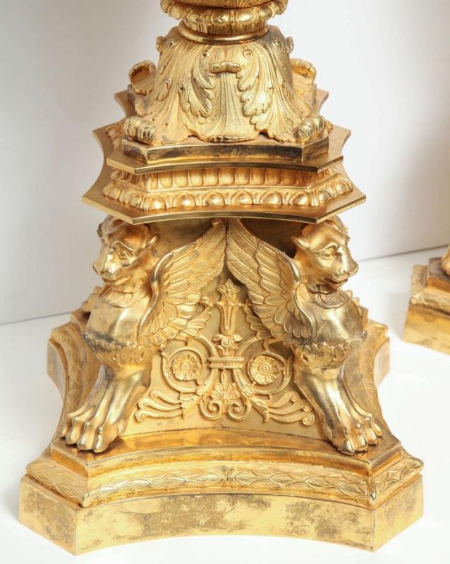 Pair French Restauration ( Empire ) Style Gilt Bronze Centerpiece Vases