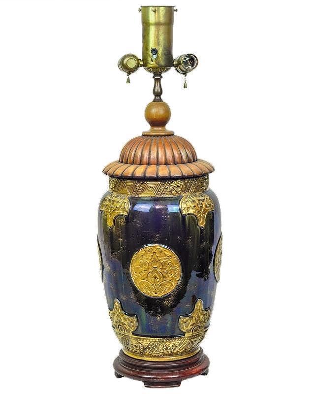 Antique Iridescent Blue Glazed Pottery Vase Lamp