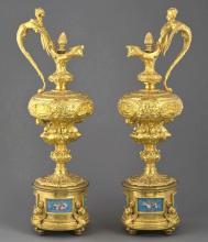 Pair Antique French Rococo Louis XV Style Ormolu Bronze Ewer Lamps After Clodion