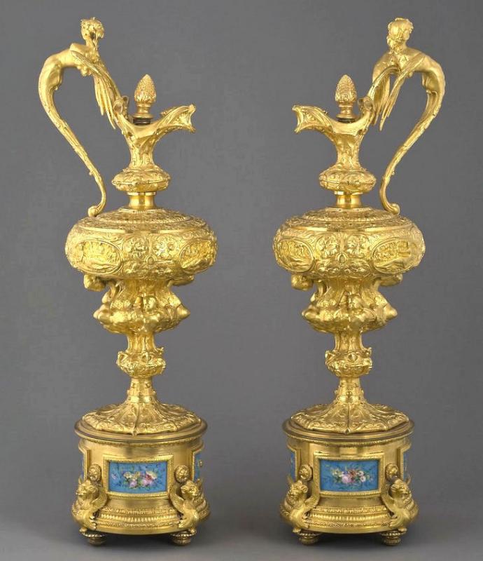 Pair Antique French Rococo Louis XV Style Ormolu Bronze Ewer Lamps After Clodion