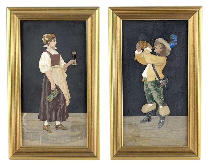 Pair Italian Figurative Pietra Dura Mosaic Framed Plaques Depicting Cavalier and Barmaid