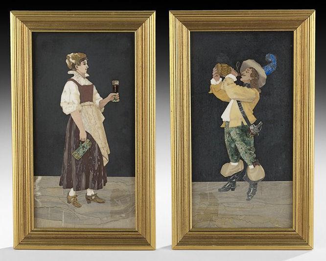 Pair Italian Figurative Pietra Dura Mosaic Framed Plaques Depicting Cavalier and Barmaid