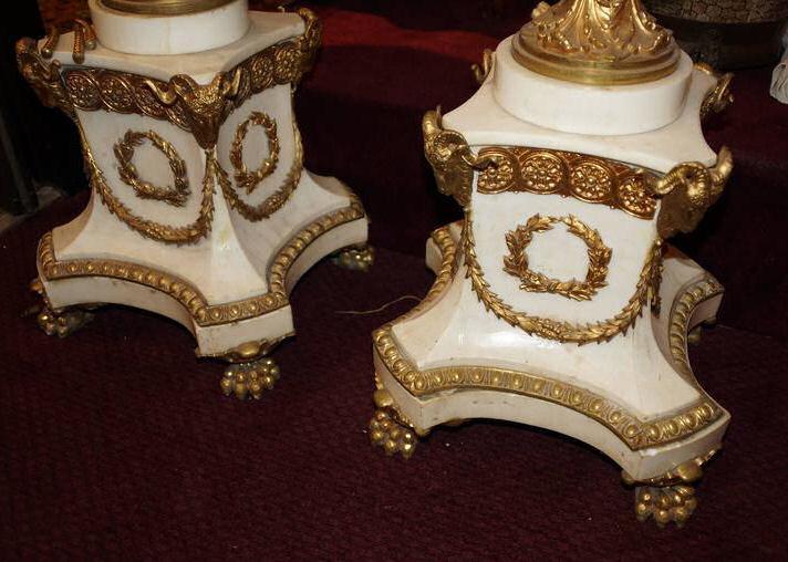 Pair French Empire Style Marble and Bronze Torchere Floor Lamps