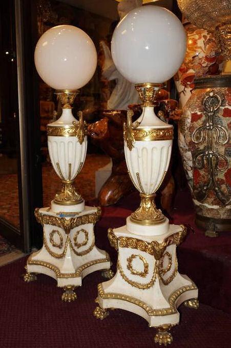 Pair French Empire Style Marble and Bronze Torchere Floor Lamps