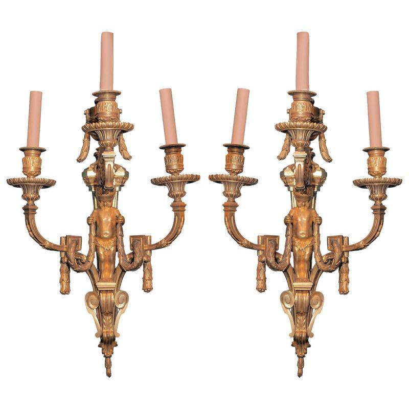 Pair Louis XVI Style Gilt Bronze Sconces