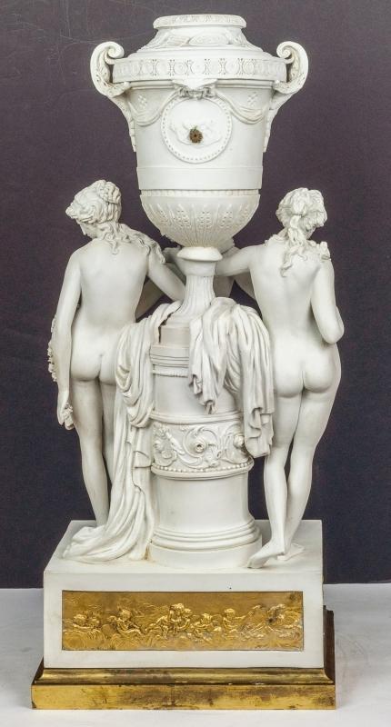 Porcelain Mantel Clock Depicting Three Graces After Canova