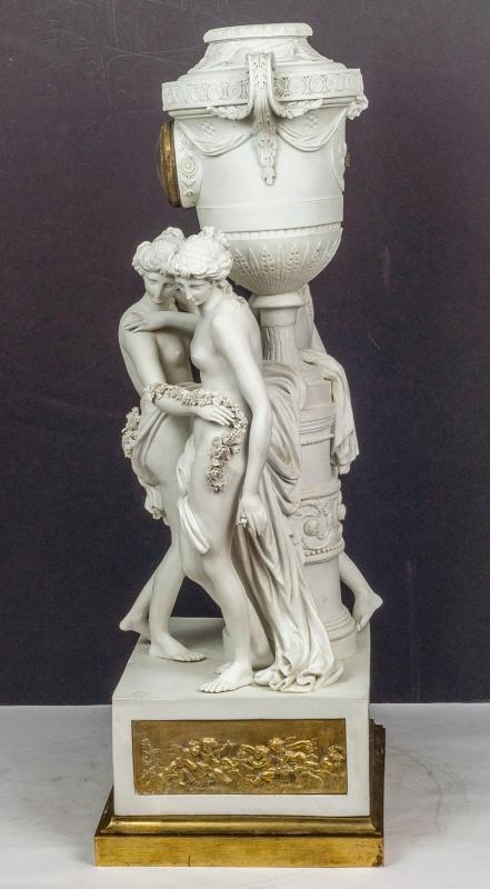 Porcelain Mantel Clock Depicting Three Graces After Canova