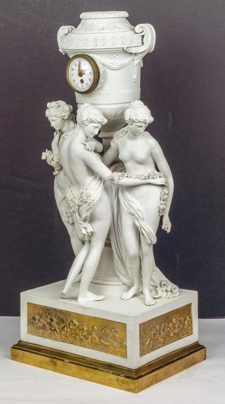 Porcelain Mantel Clock Depicting Three Graces After Canova