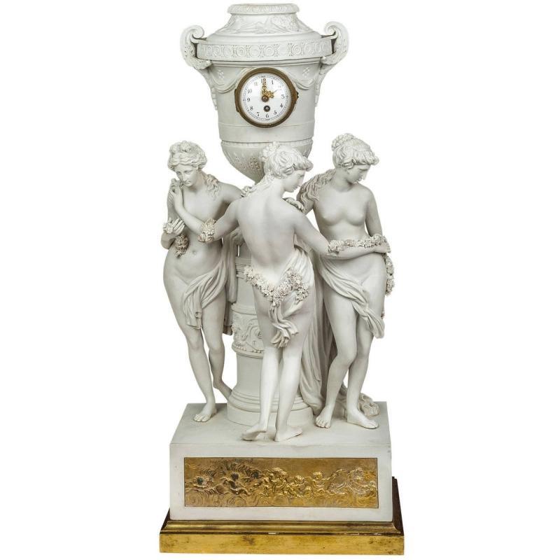 Porcelain Mantel Clock Depicting Three Graces After Canova