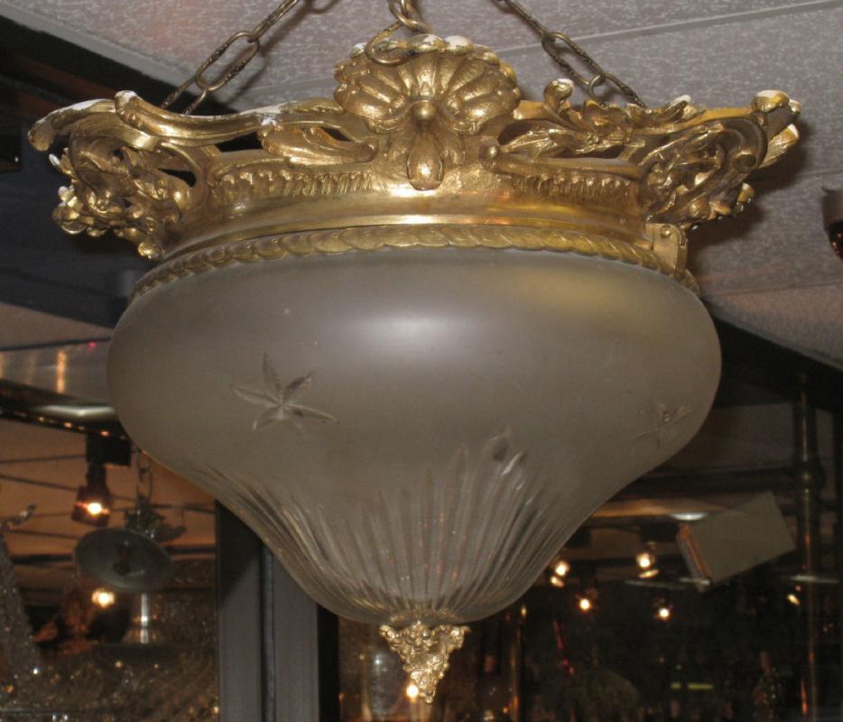 Louis XVI Style Dore Bronze & Etched Crystal Coupe Chandelier