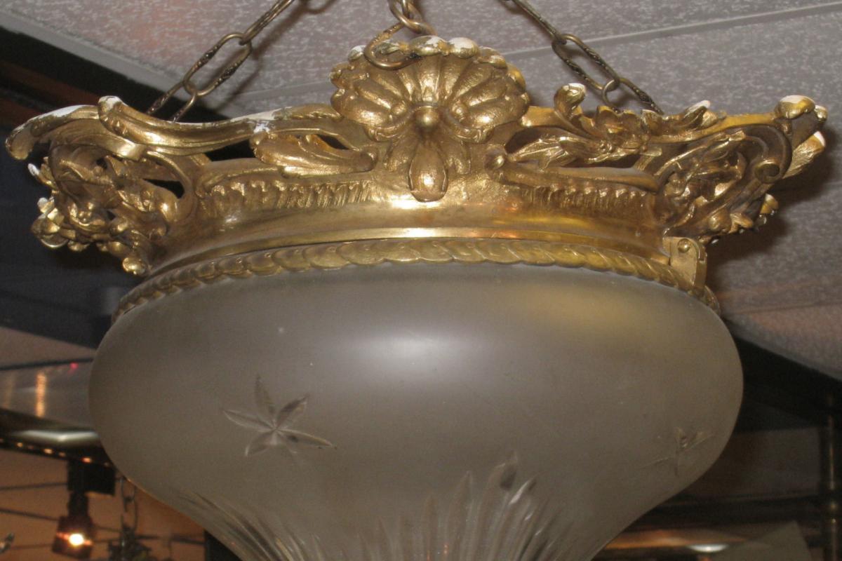Louis XVI Style Dore Bronze & Etched Crystal Coupe Chandelier