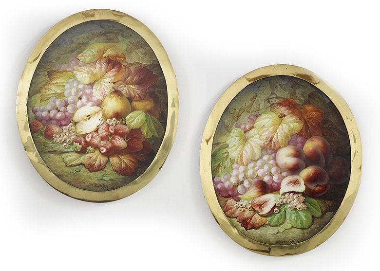 Pair French Fruit and Floral Still Life Paintings on Porcelain after Edmond van Coppenolle