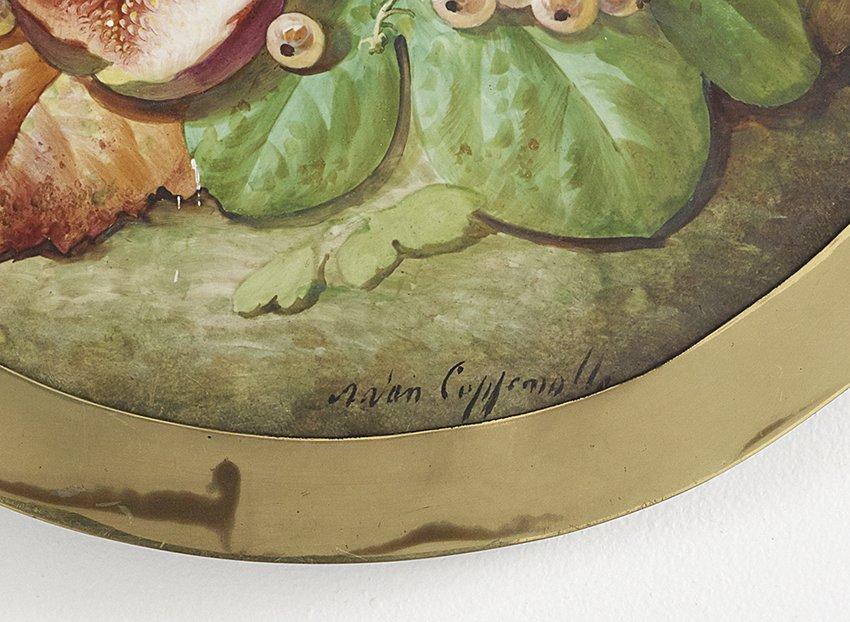 Pair French Fruit and Floral Still Life Paintings on Porcelain after Edmond van Coppenolle