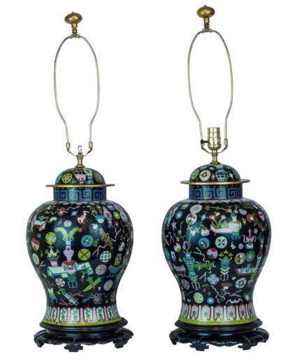 Antique Chinese Kuang Hsu Charcoal Cloisonne Table Lamps