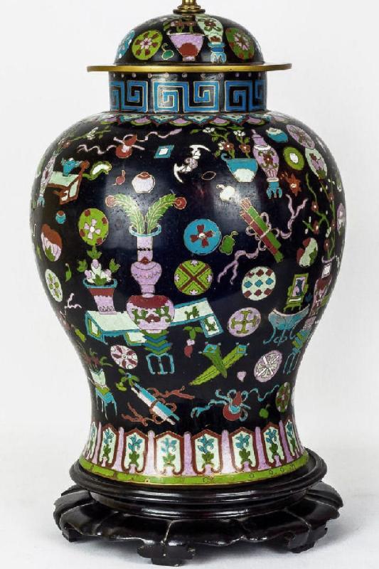 Antique Chinese Kuang Hsu Charcoal Cloisonne Table Lamps