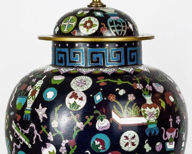 Antique Chinese Kuang Hsu Charcoal Cloisonne Table Lamps