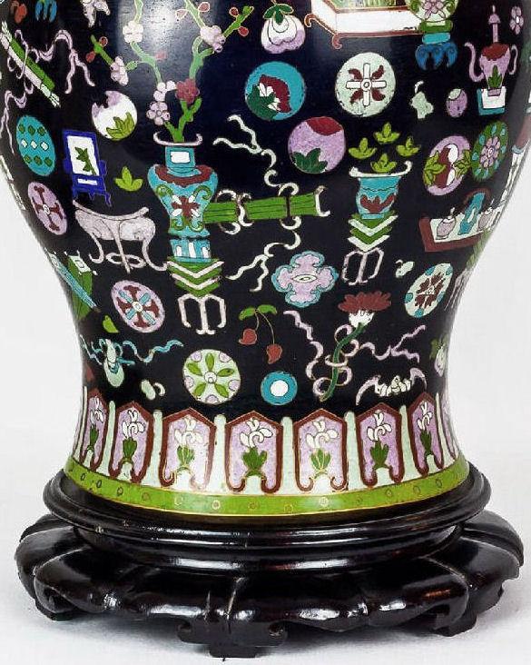 Antique Chinese Kuang Hsu Charcoal Cloisonne Table Lamps