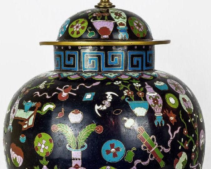 Antique Chinese Kuang Hsu Charcoal Cloisonne Table Lamps