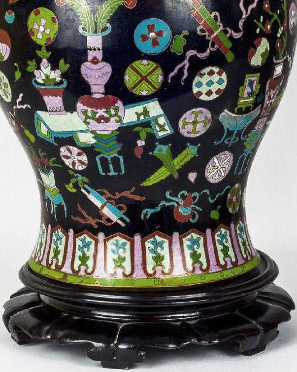Antique Chinese Kuang Hsu Charcoal Cloisonne Table Lamps