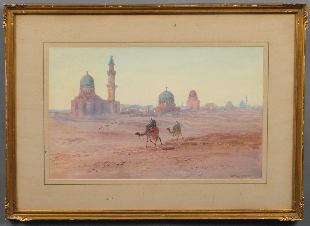 Orientalist Bedouin Arabs on Camelback Watercolor by Douglas Pinder