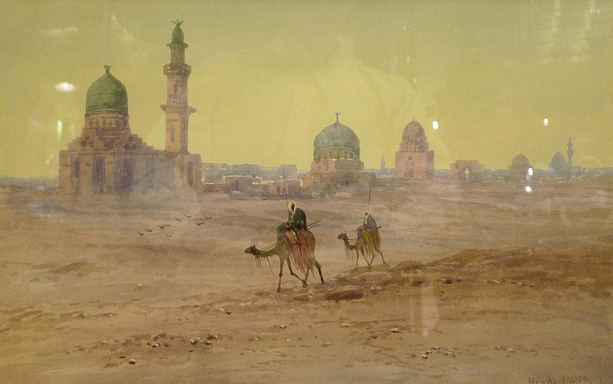 Orientalist Bedouin Arabs on Camelback Watercolor by Douglas Pinder